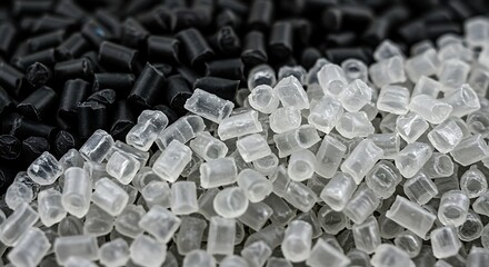 Contrasting Plastic Pellets - Black and Clear Polymer Granules.