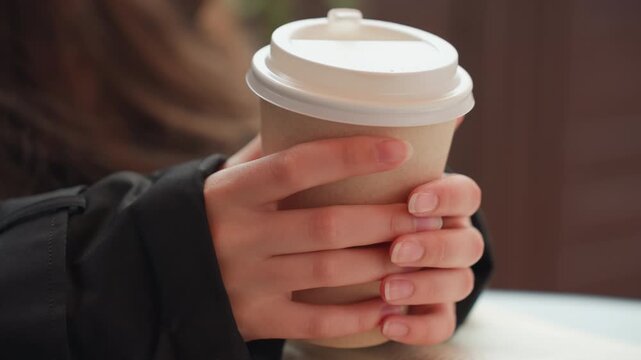 hands holding takeaway coffee cup outdoors, commuter wearing dark jacket cradles warm beverage, closeup of fingers and lid, subtle steam rising, urban cafe background, relaxed pause during morning