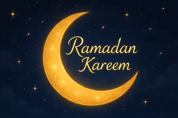Fototapeta premium Ramadan kareem greeting with golden crescent moon and stars on dark blue background islamic holiday symbol