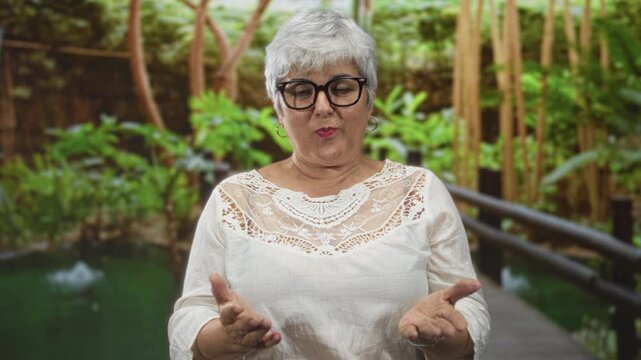 Woman senior with grey hair gestures with open hands and palms visible on a wooden bridge in a forest; calm reassurance.