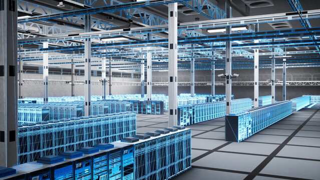 Modular equipment, data center and rackmount servers used as storage arrays. High tech server room facility with supercomputers, network gear and blue wireframe scan 3D render