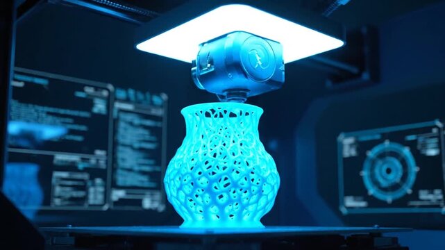 3D Printing a Detailed Luminous Blue Vase with Complex Geometric Patterns in a Dark Environment with Technological