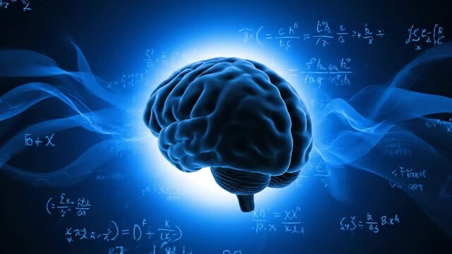 Anatomical Brain Illustration Overlaid on Blue Wavy Pattern with Scientific Equations, Medical Visualization and