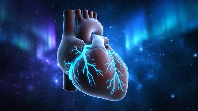Anatomical Heart Model with Glowing Vessels on Nebula Background Animation Medical Visualization Cardiology Research