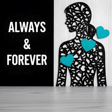 A romantic silhouette of a couple with hearts and the phrase always forever