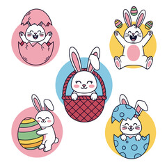Obraz premium Set of Cute Easter Bunny Characters in Circles, White Rabbit Jumping, Sitting in Basket, and Hatching from Cracked Eggs, Kawaii Vector Illustration for Stickers, Cards, and Holiday Designs