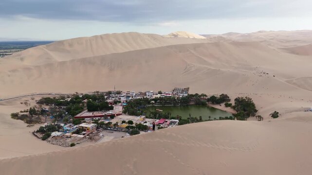 Aerial view of Huacachina Oasis in Peru, showcasing sand dunes and a serene lake