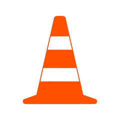 Orange traffic cone with white stripes on white background