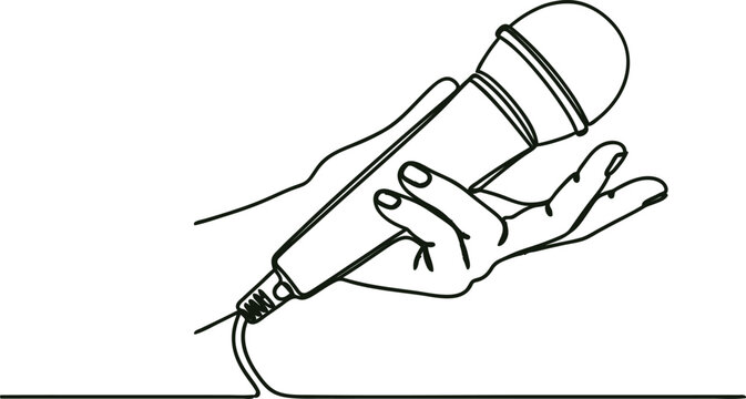 Line drawing of a hand holding a microphone with a cord  isolated on transparent background