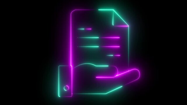 Glowing neon line icon animation of a hand holding a document or paper file. Concept of paperwork, report, contract, agreement, business file, documentation, office work and approval process.