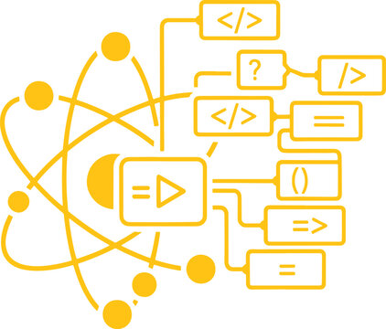 Yellow flowchart with coding symbols and abstract shapes on white background