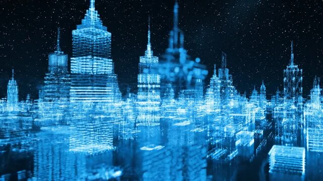 City of the Future: An electrifying cityscape, showcasing towering skyscrapers outlined in a vibrant blue hue, set against a star-studded sky.