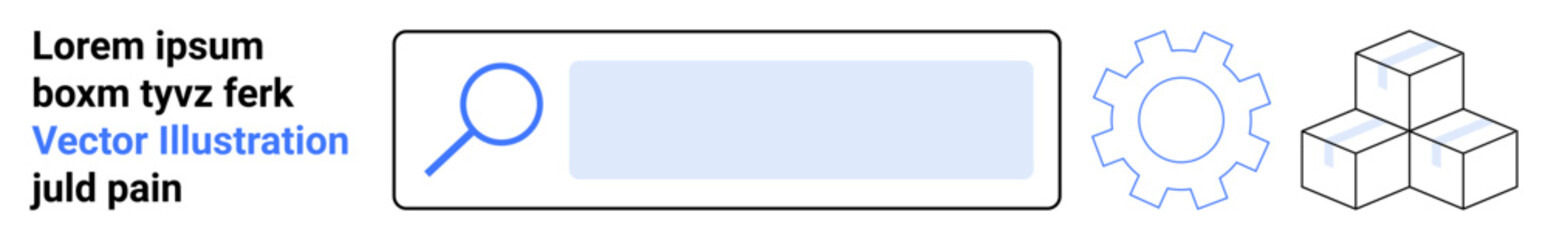 Obraz premium Technology, data processing, software development, innovation, digital solutions, conceptual design. Magnifying glass search bar, gear icon cube stack graphic. Technology and data processing