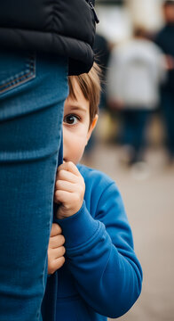 Shy Little Boy Hiding Behind Parent's Leg in Crowd