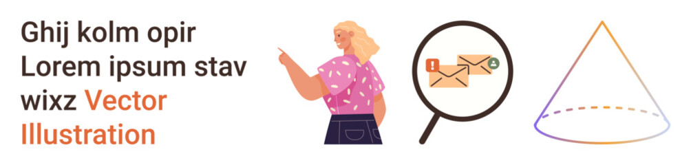 Education, communication, data analysis, design concepts, research tools, messaging systems. Woman pointing, magnifying glass over mail and geometric cone. Education and communication concepts