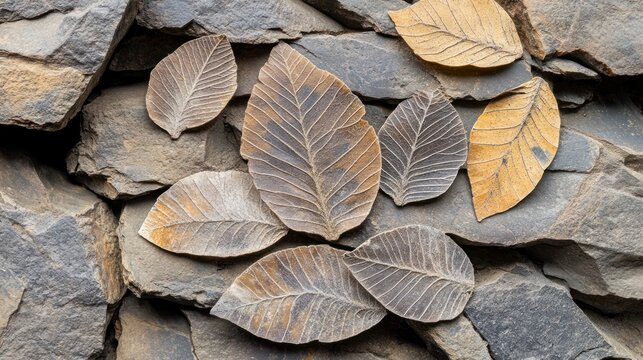 Fossilized leaves resting on layered stones.  Detailed leaf imprints on dark gray and brown rocks