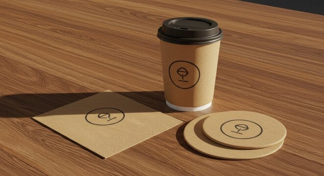 Coffee Cup Napkin and Coasters Mockup on Wood