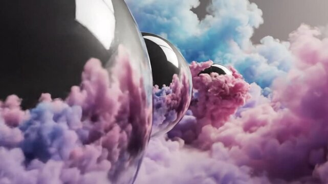Surreal metallic spheres surrounded by vibrant purple and blue clouds viewed from a unique perspective