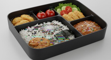 Delicious Bento Box Meal with Glitch Art Elements