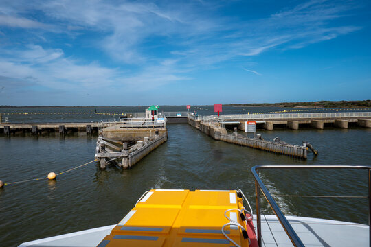 The Barrage lock at the mouth of the Murray River. Taken from the boat on approach of the the barrage lock. South Australia.