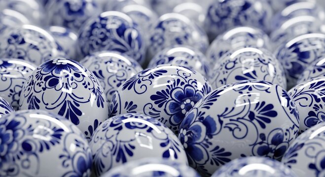 Collection of Decorative Ceramic Easter Eggs with Traditional Blue and White Floral Patterns in Delft Style