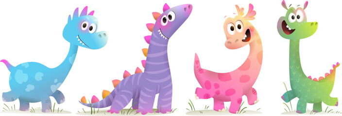 Fototapeta premium Cute imaginary dinosaurs characters for children. Funny brightly colored fantasy dinosaurs cartoons for little kids. Cute vector dino characters clip art cartoon for children and kids.