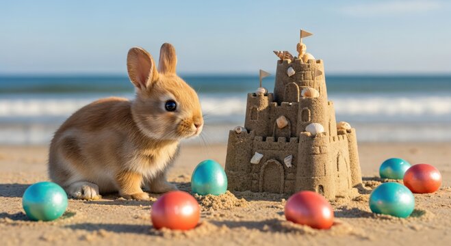 Cute brown bunny rabbit sitting on a sandy beach next to a sandcastle and colorful Easter eggs with ocean waves in the background