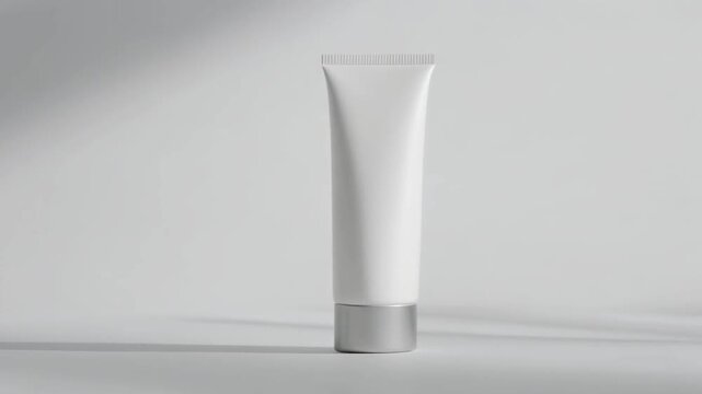 Minimalist commercial shot of a blank white cosmetic tube on a clean white background with elegant soft shadows.