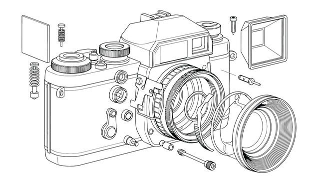 Exploded technical diagram of vintage camera components vector schematic illustrating mechanical design, parts sourcing, manufacturing supply chain and product restoration workflow