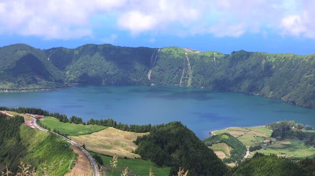 Panoramic view over Lake of Sete Cidades (Lagoa das Sete Cidades). Sao Miguel island, Azores, Portugal