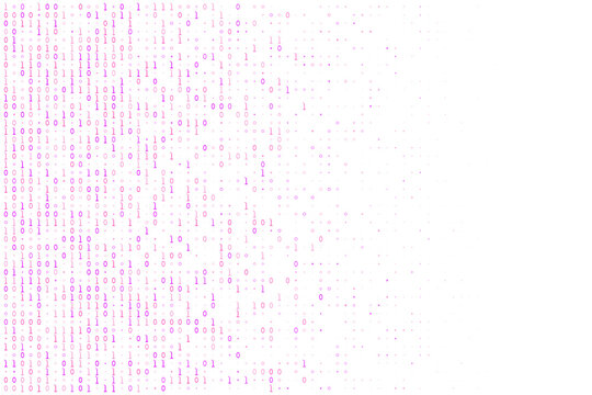 Abstract digital background with purple binary code numbers zero and one on white background representing data stream computer programming and information technology.