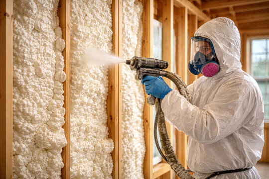 Spray foam insulation installation inside a house. Worker in protective suit applying polyurethane foam to wall framing. Concept of energy efficiency, construction, renovation and home insulation.