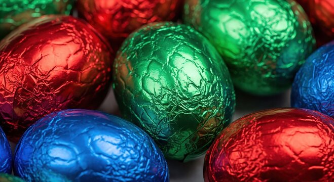 Close up of colorful chocolate Easter eggs wrapped in shiny red green and blue foil. Festive holiday sweets and treats for celebration and egg hunts.