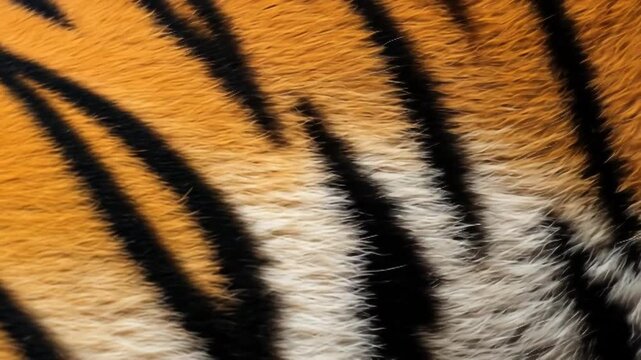 Closeup of a tigers fur showing its distinctive orange and black stripes.