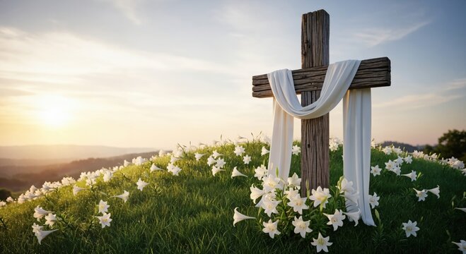 Wooden cross draped with white cloth on a grassy hill of lilies at sunrise, symbolizing the resurrection of Jesus Christ and Easter morning.