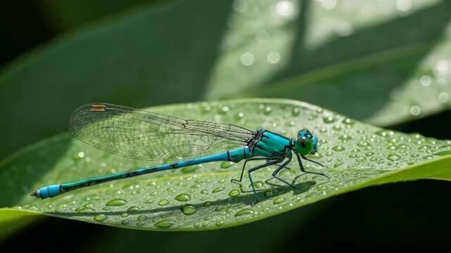 Closeup of a vibrant blue damselfly resting on a dewkissed green leaf in a serene garden.