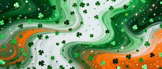 Confetti, swirls and Shamrocks in Irish colors. Background for St Patricks Day.