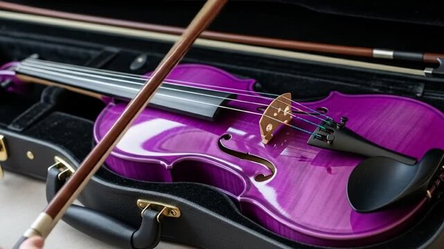 Closeup of a vibrant purple violin and bow resting in its open black case ready for a musical performance or practice session.