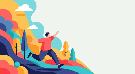 Fototapeta premium Colorful Illustration of a Person Enjoying Nature Hike in Vibrant Landscape