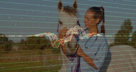 Holding halter, vet in light blue scrubs examining white horse in pasture, with stethoscope overlay