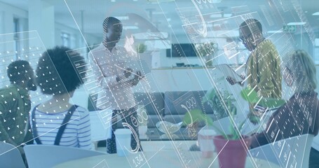 Discussing team in smart casual collaborating around sofa in office with AR overlays, laptop