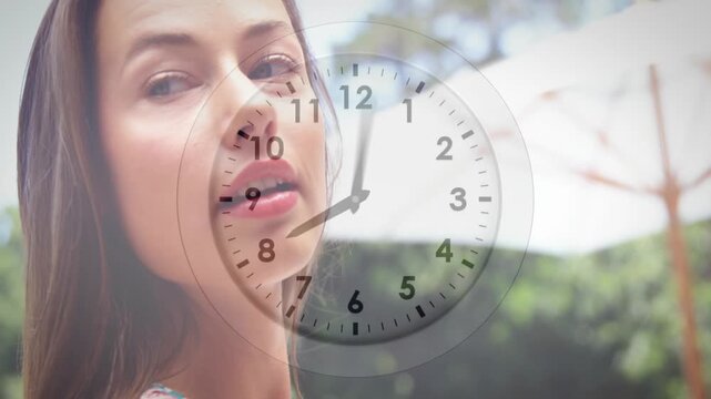Clock overlay rotating over woman turning from profile to frontal while opening eyes for marketing