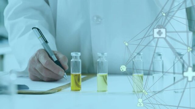 Scientist noting then lifting vial, inspecting for research while network overlay covering vials