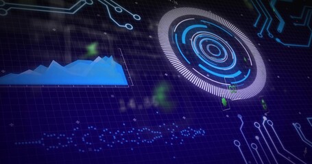 Fototapeta premium Showing neon-blue HUD radar rotating on navy grid plane, with chart, circuit lines, copy space