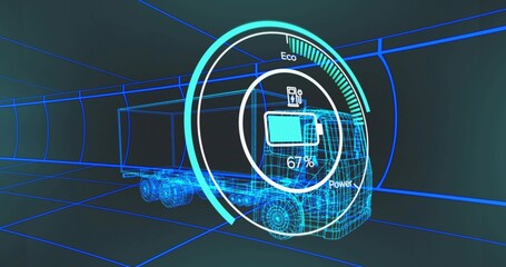 Fototapeta premium Displaying wireframe semi-truck and trailer moving in virtual tunnel, with HUD showing Eco pump 67%