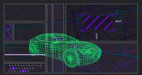 Obraz premium Displaying neon-green wireframe 3D car model overlaying map pane with purple highlight bars, graphs