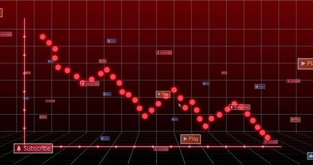 Charting red nodes descending across virtual HUD grid, with floating Play Subscribe tags © vectorfusionart