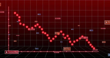 Fotobehang Vlees Charting red nodes descending across virtual HUD grid, with floating Play Subscribe tags  © vectorfusionart