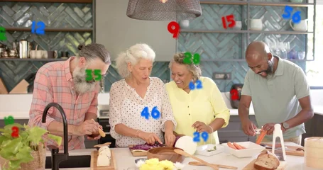 Fotobehang Koken Preparing four adults chopping cabbage and peeling carrots at kitchen island, with cutting boards  © vectorfusionart