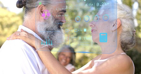 Embracing senior couple holding at park, showing AR overlay, wedding ring, pearls, white shirt